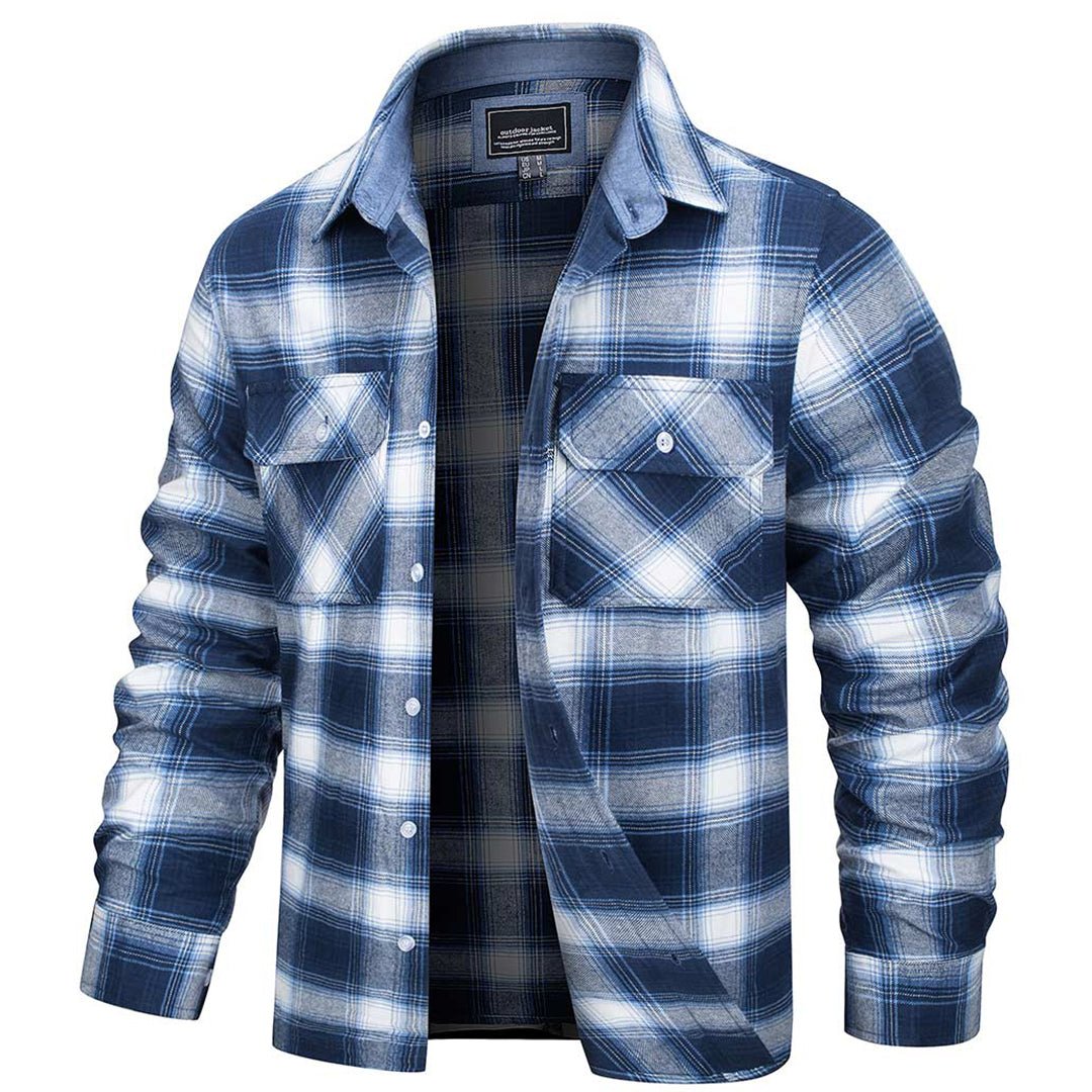 Men's brushed cotton flannel shirt in blue and white plaid
