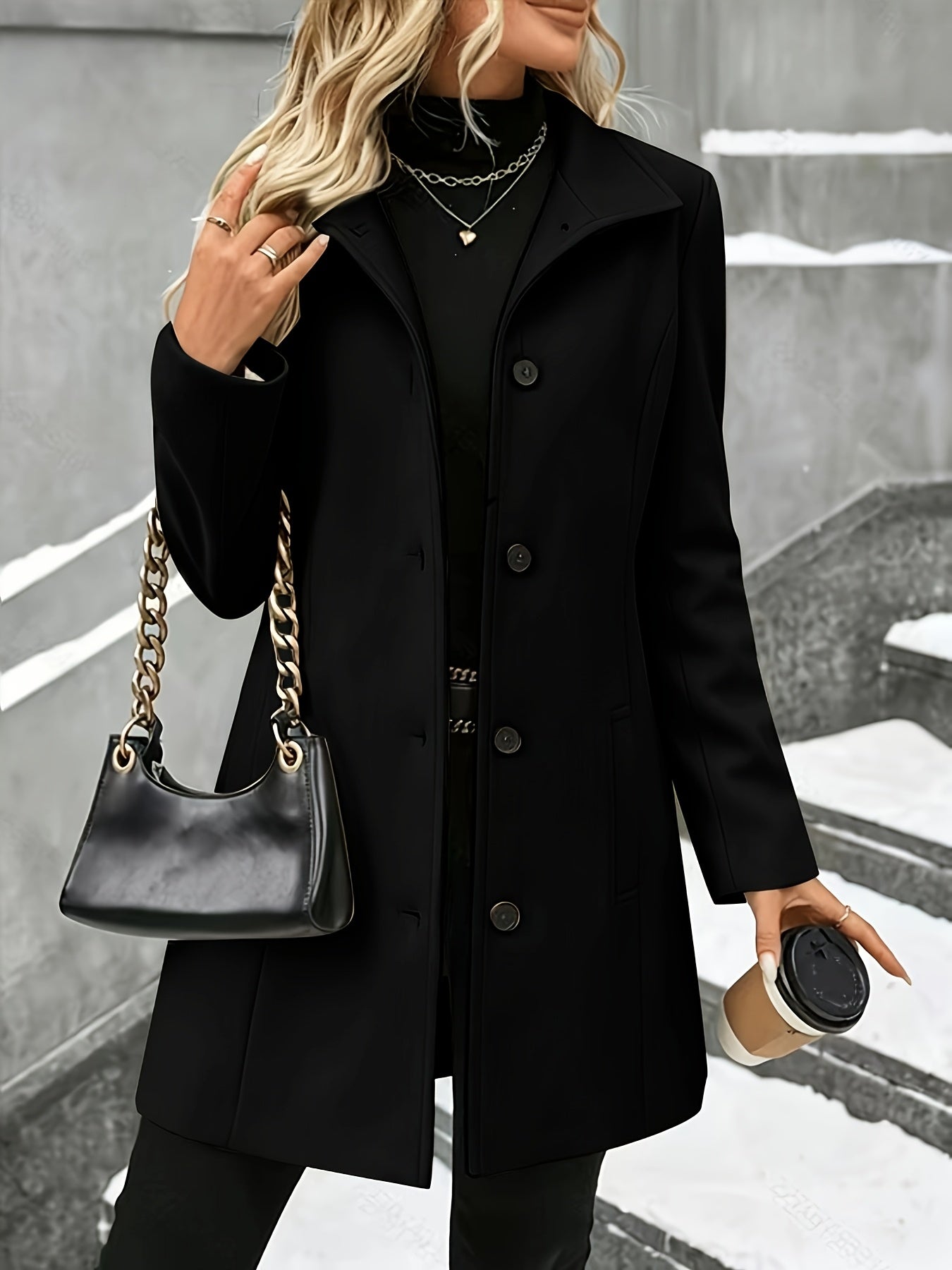 Longline Wool Coat for Women in Black
