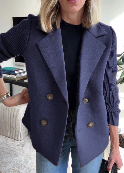 Blue mid-length tailored coat for women, front view