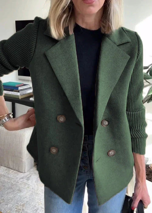 Green mid-length tailored coat for women, front view