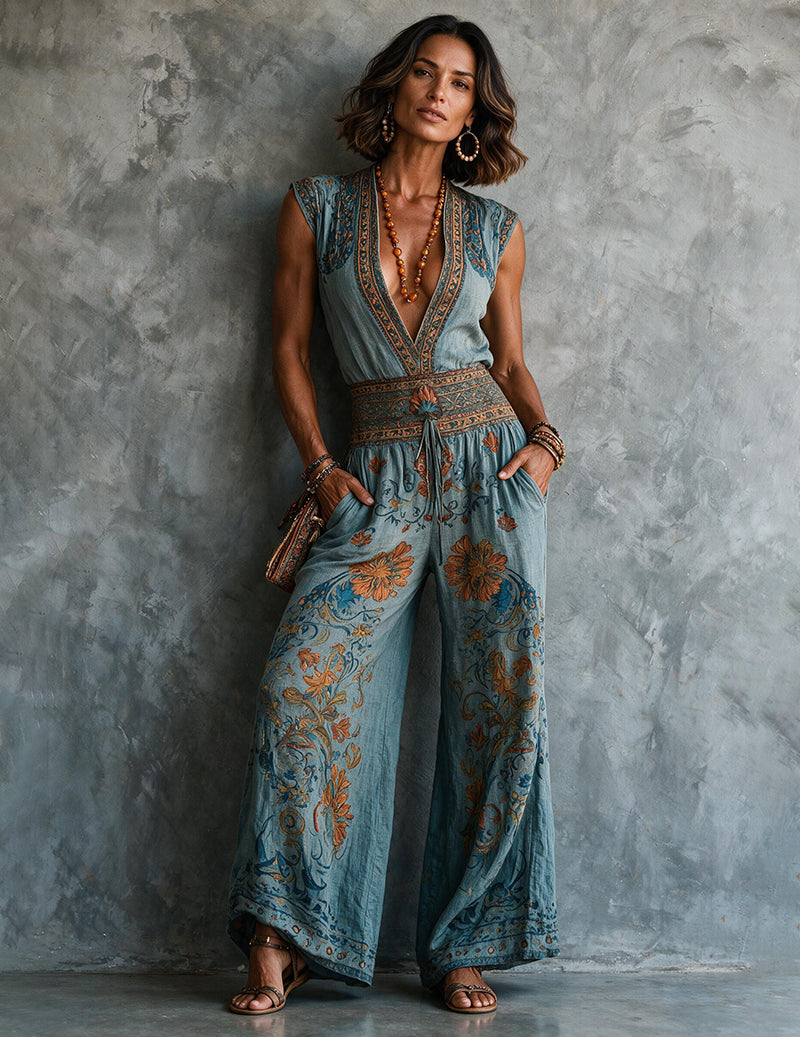 Floral and paisley print linen jumpsuit for women, side view showing the wide legs