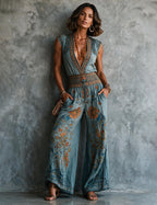 Floral and paisley print linen jumpsuit for women, side view showing the wide legs