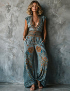 Linen jumpsuit for women, close-up of the drawstring waist and printed fabric