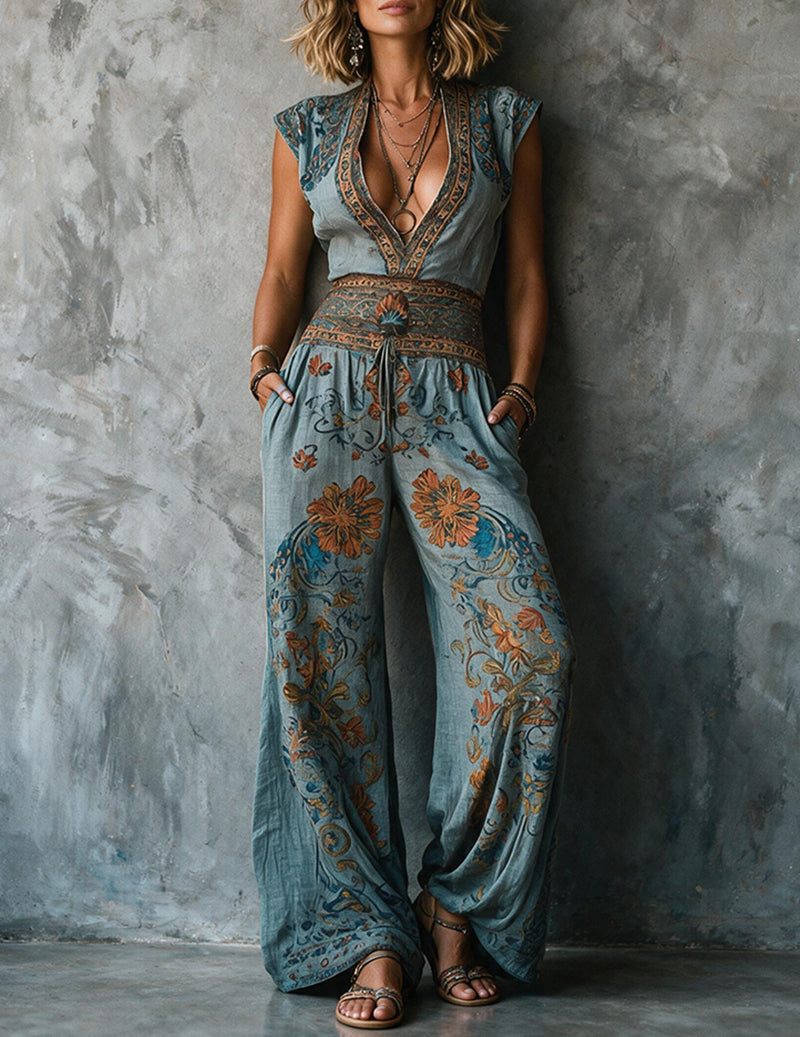 Linen wide leg jumpsuit for women, detail of the deep V neckline and embroidered trim