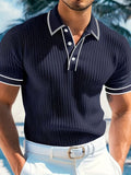 Navy blue color-blocked short sleeve polo shirt for men, front view