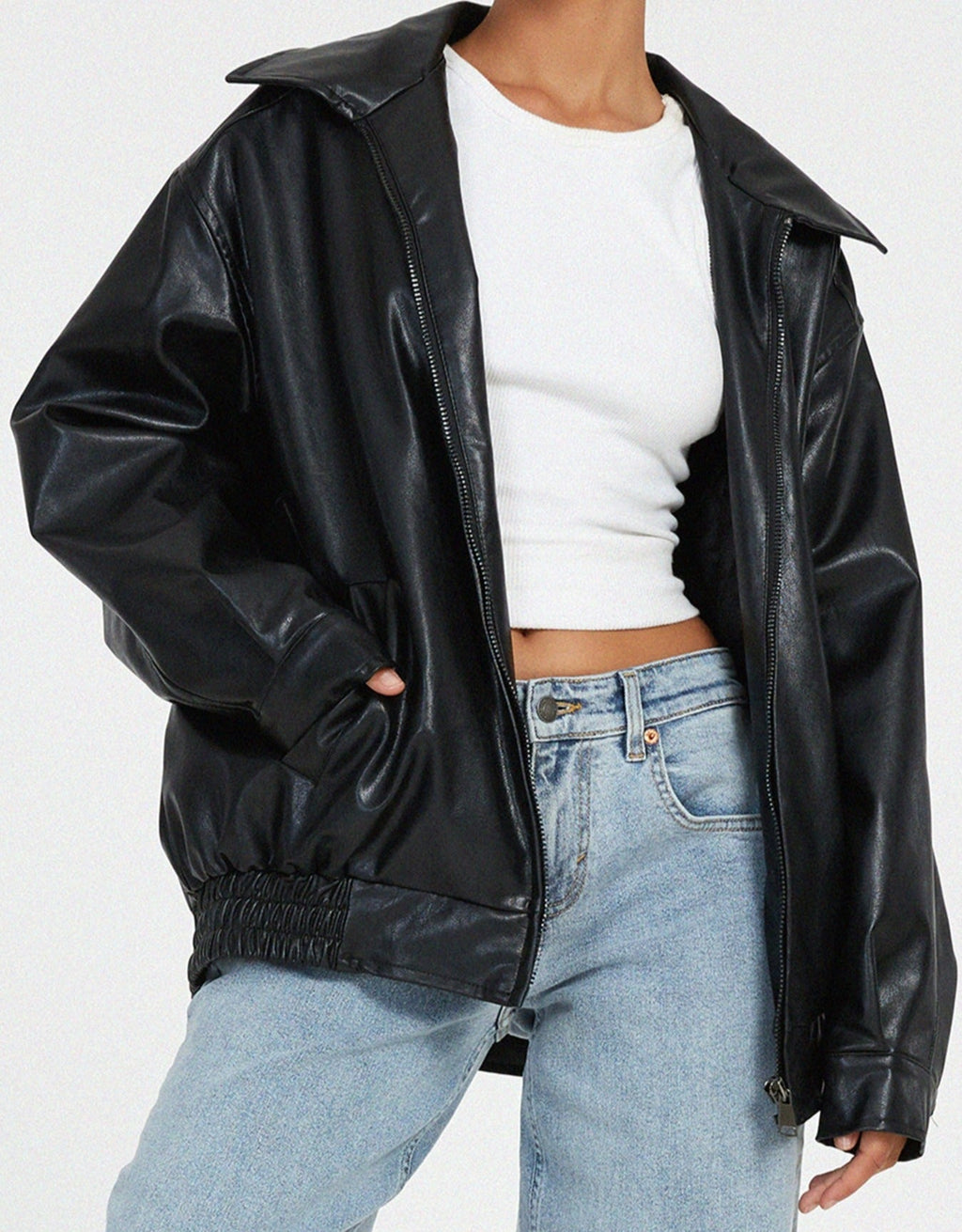 Oversized faux leather bomber jacket — styled on model, full length
