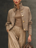 Brown high neck cardigan sweater for women, front view buttoned to the throat