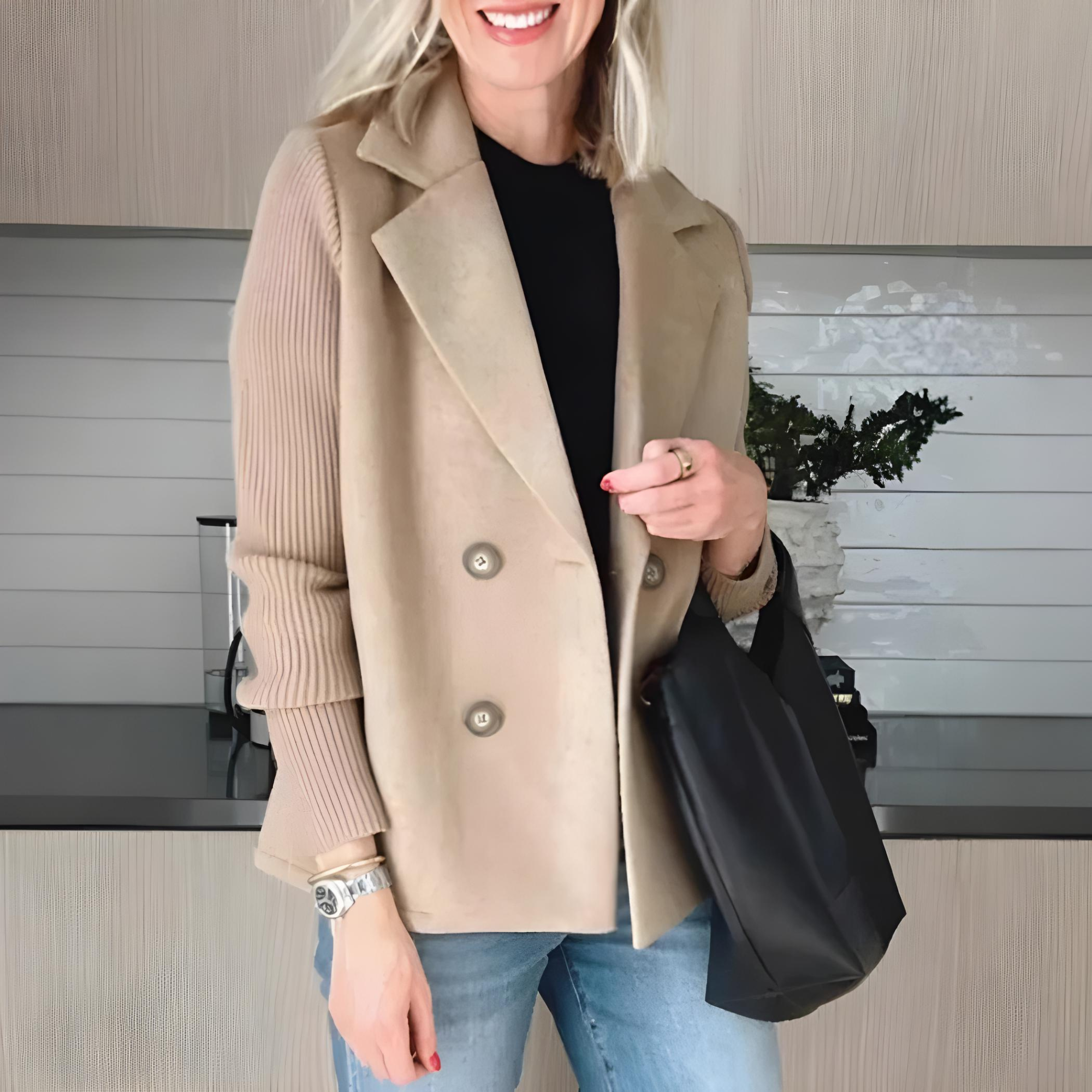 Beige mid-length tailored coat for women, front view