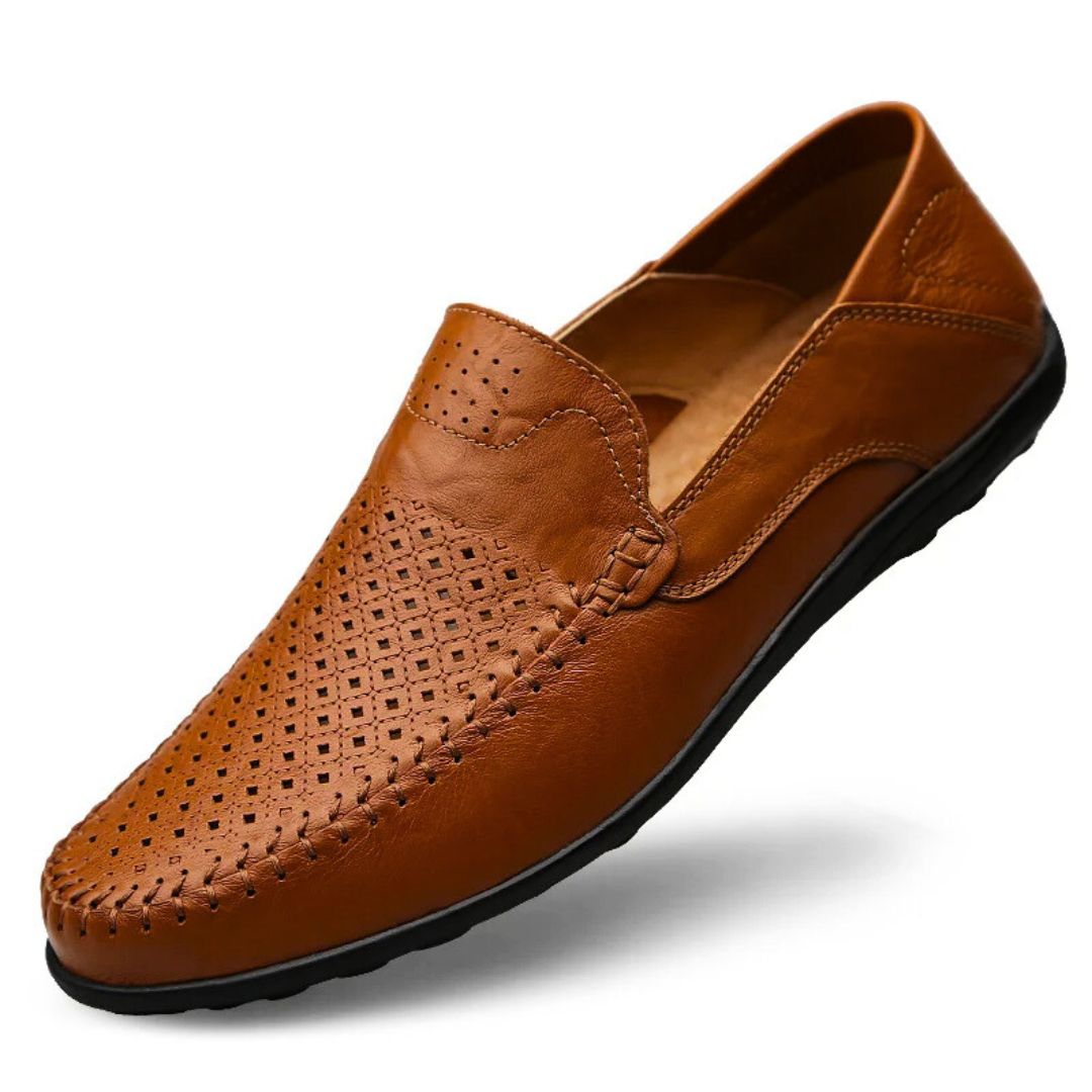 Brown leather loafers for men, side profile of the genuine leather finish