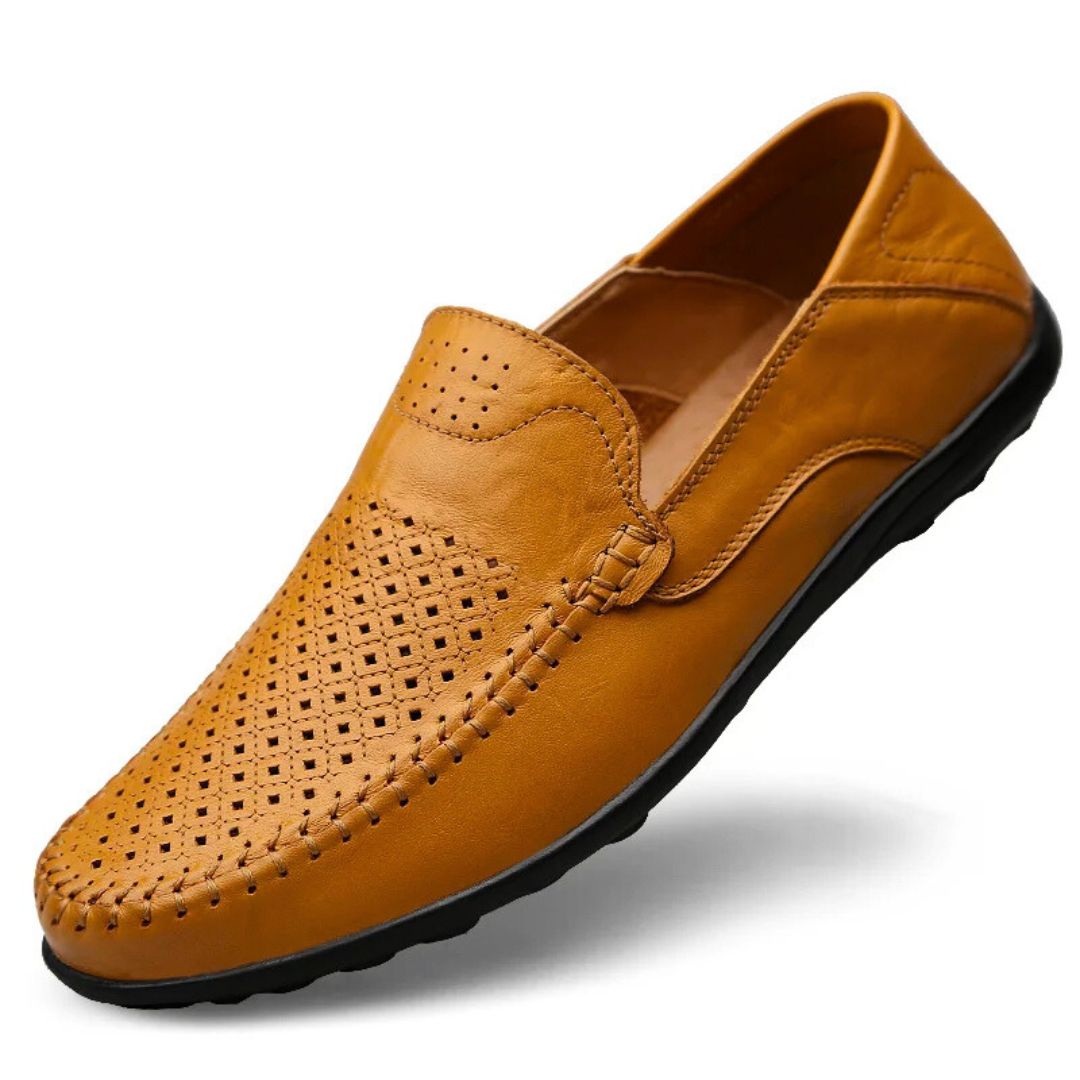 Tan leather loafers for men, side profile showing the breathable upper