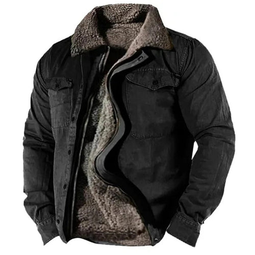 Black barn jacket buttoned to the collar