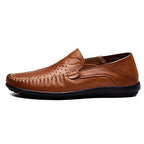 Leather loafers for men, top view showing the laceless slip-on opening