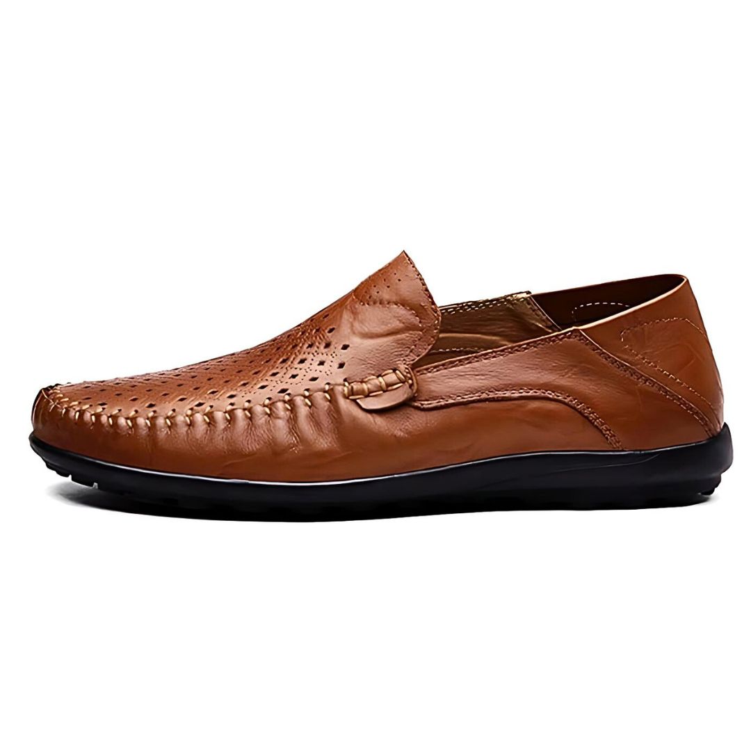 Leather loafers for men, top view showing the laceless slip-on opening