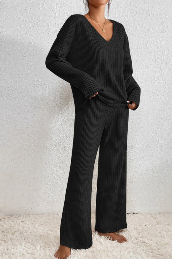Ribbed Knit Matching Set for Women in Black