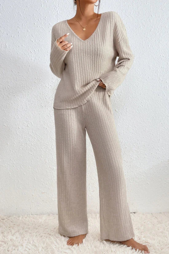 Ribbed Knit Matching Set for Women in Beige