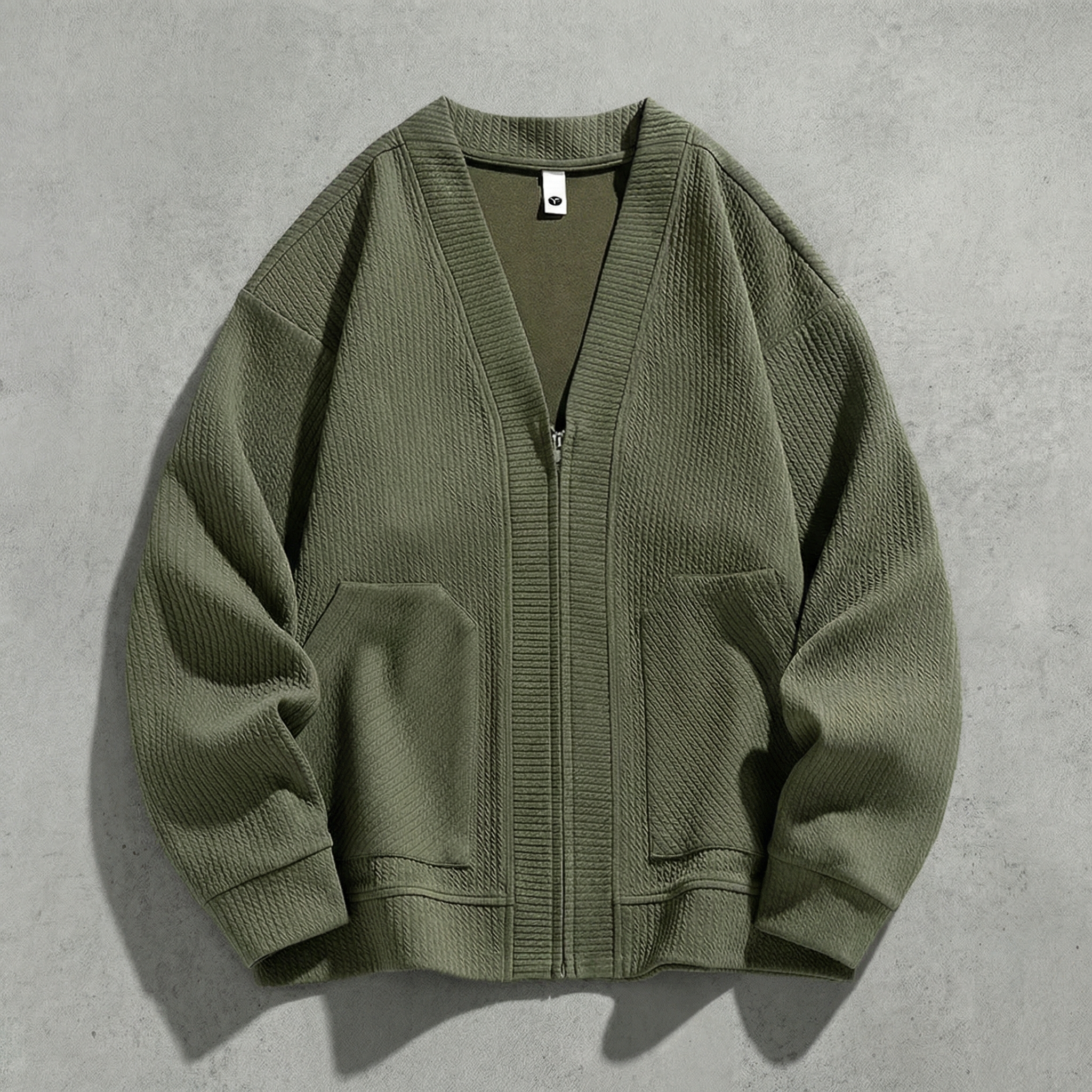 Green oversized zip up cardigan sweater for women, front view