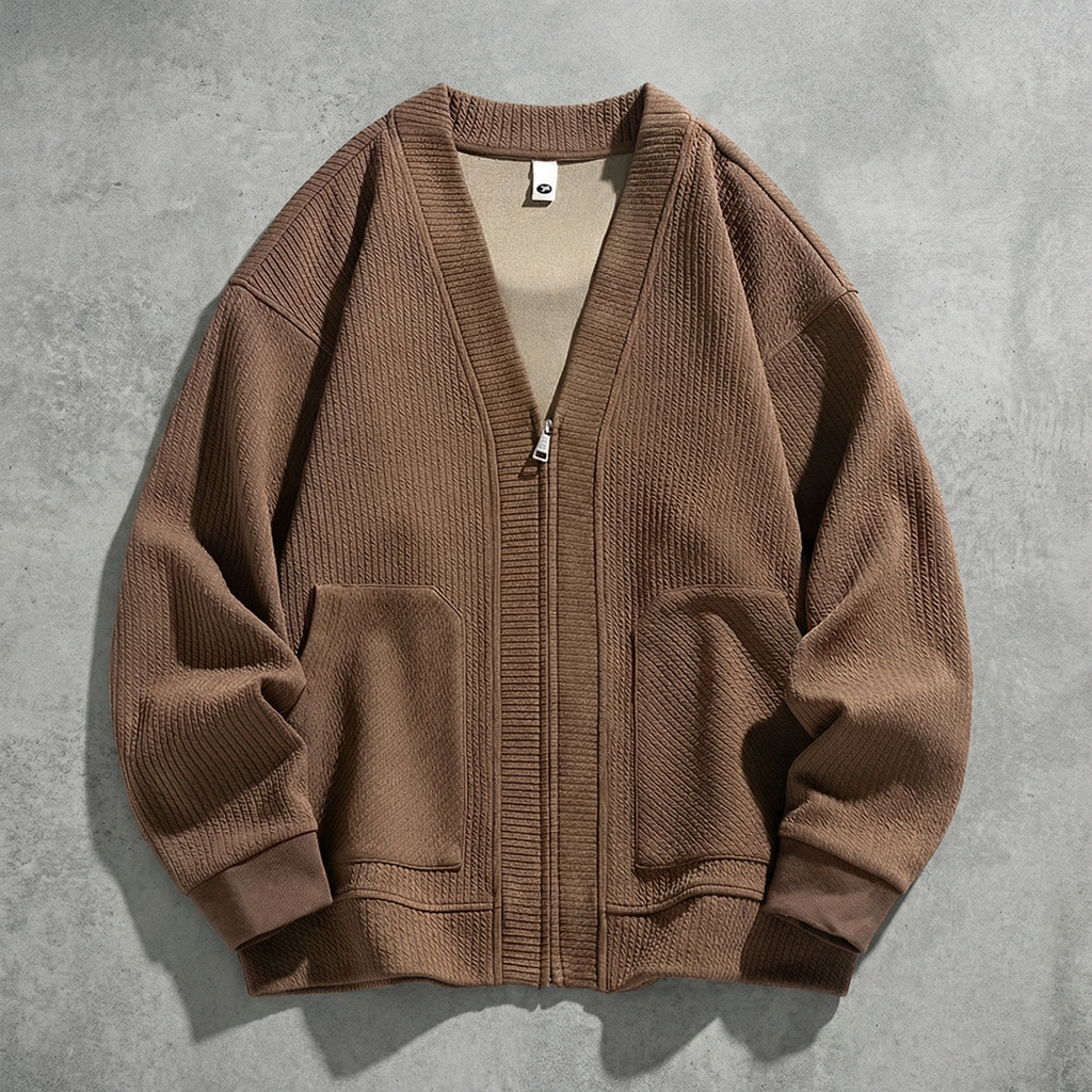 Brown oversized zip up cardigan sweater for women, front view zipped