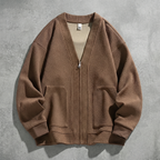 Brown oversized zip up cardigan sweater for women, front view zipped
