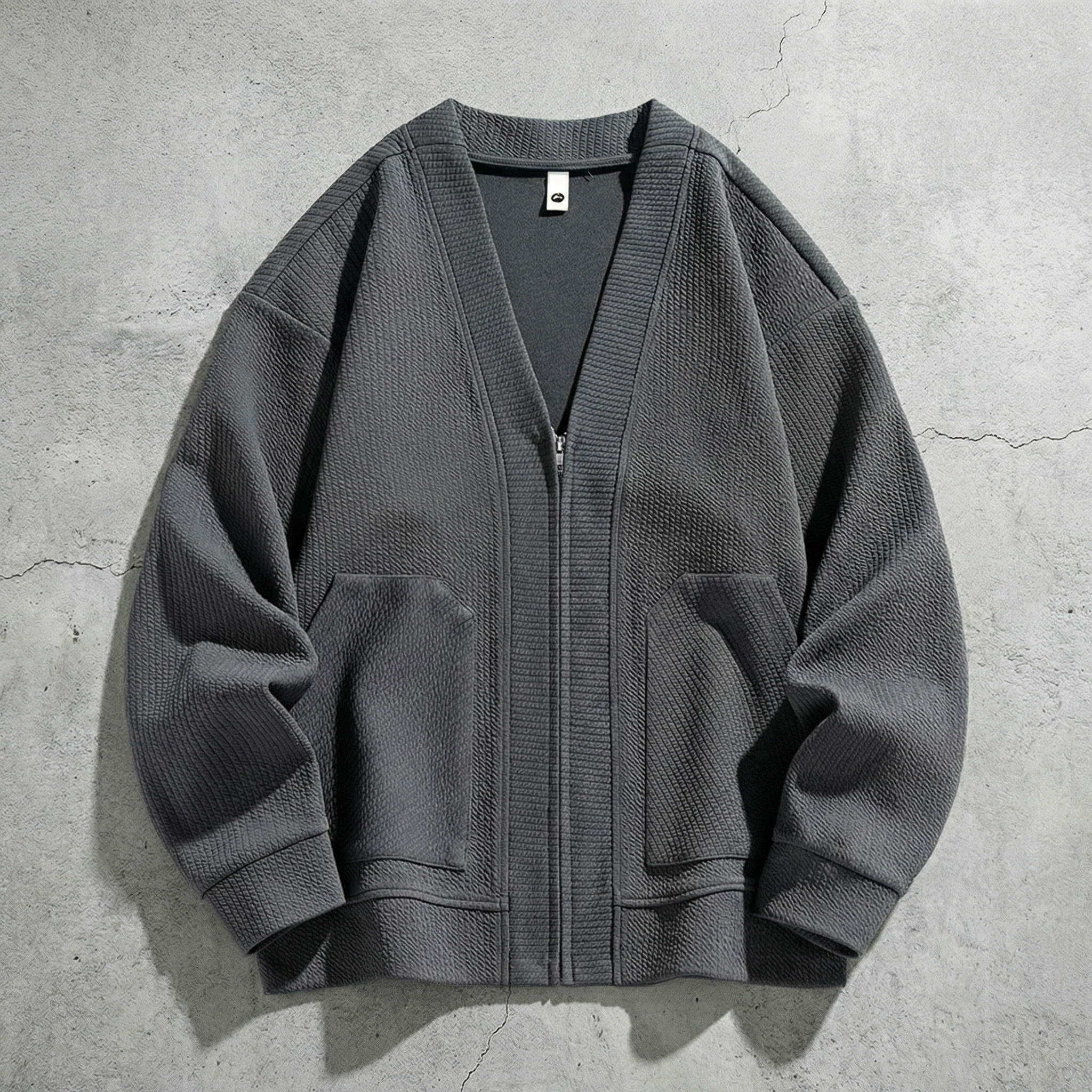 Gray oversized zip up cardigan sweater for women, front view