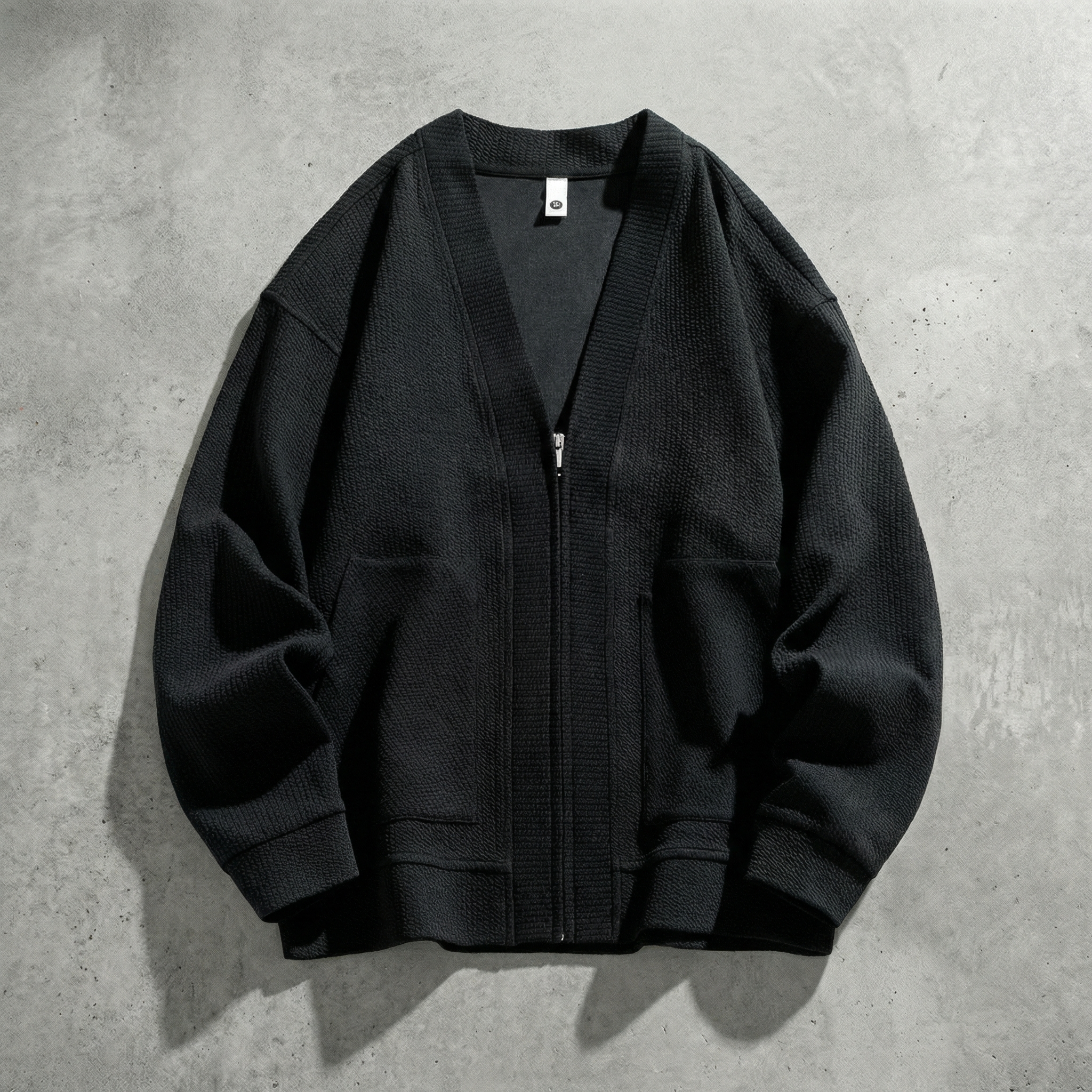 Black oversized zip up cardigan sweater for women, front view