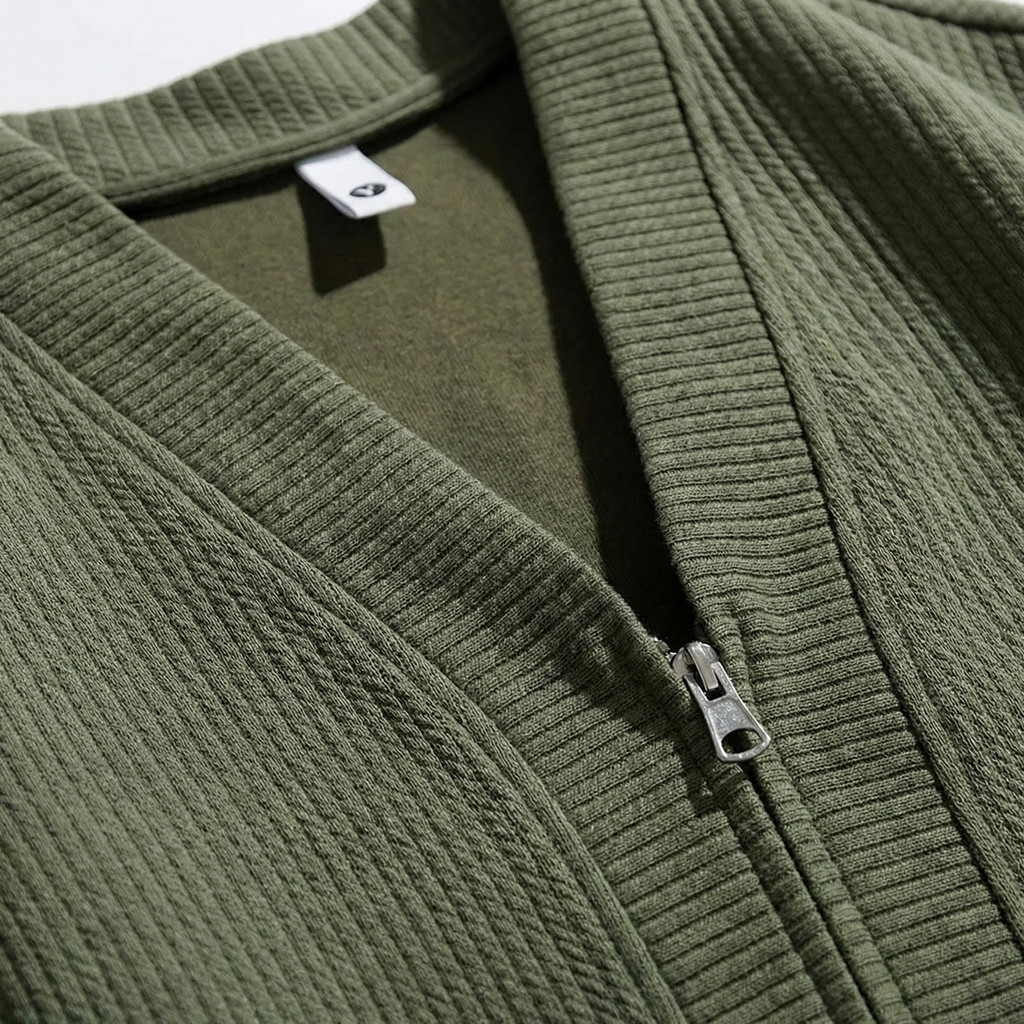 Close view of the cotton-blend knit texture and full-length front zip