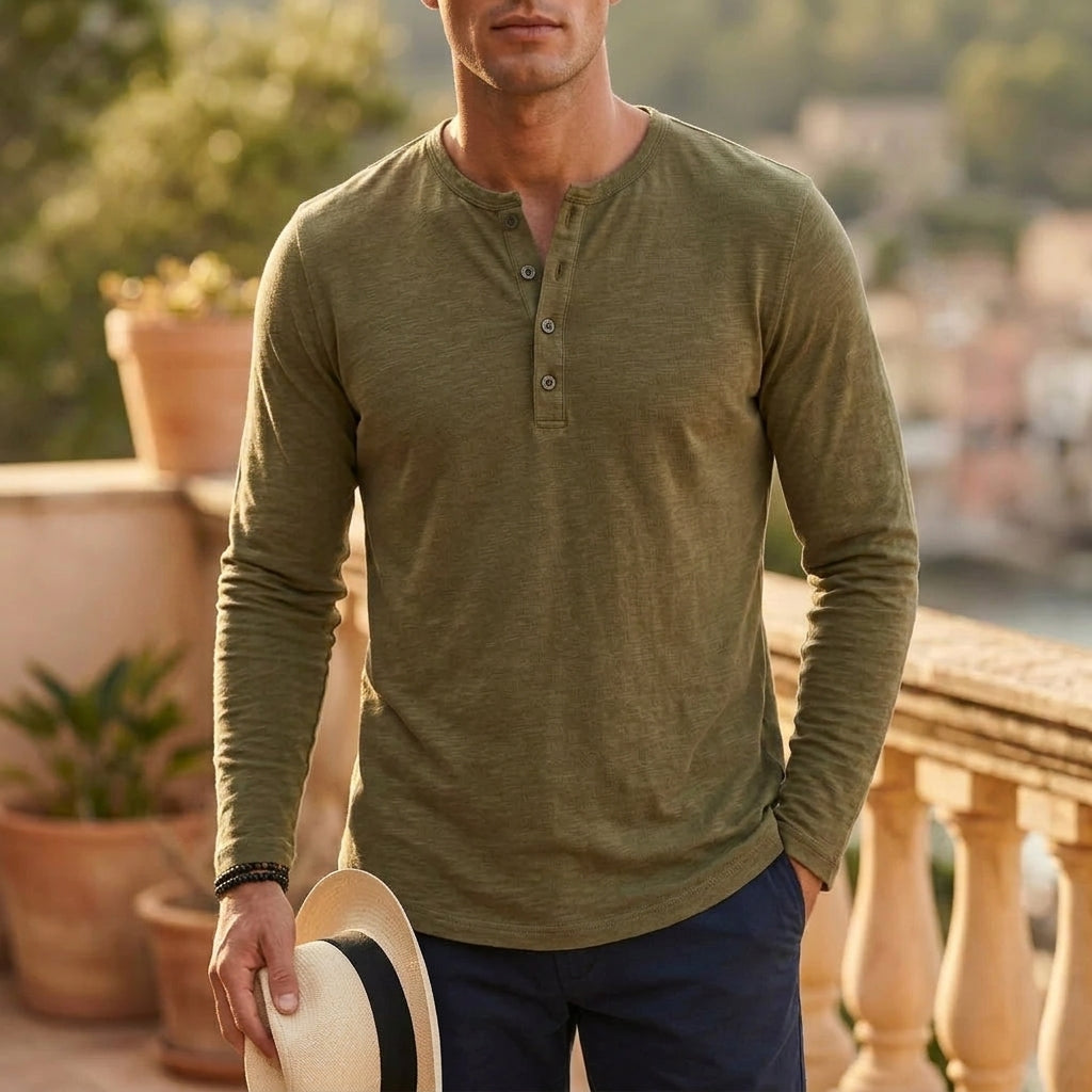 Men's Long Sleeve Henley in Olive Green