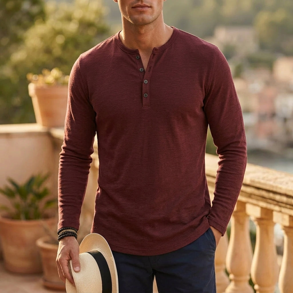 Men's Long Sleeve Henley in Red