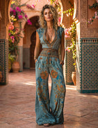 Wide leg linen jumpsuit for women styled for a beach vacation, back view