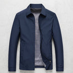 Casual jacket for men in blue, front view worn over a tee