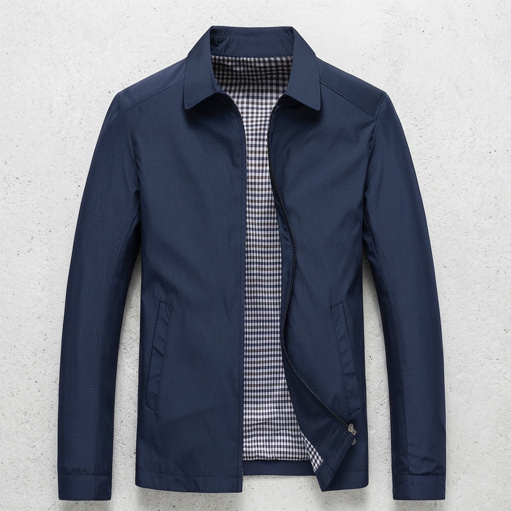 Casual jacket for men in blue, front view worn over a tee