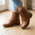Brown leather block heel ankle boots for women, side view showing the zip