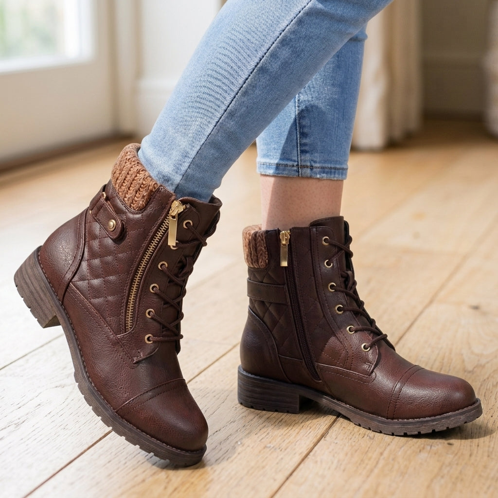 Dark brown leather block heel ankle boots for women, side profile