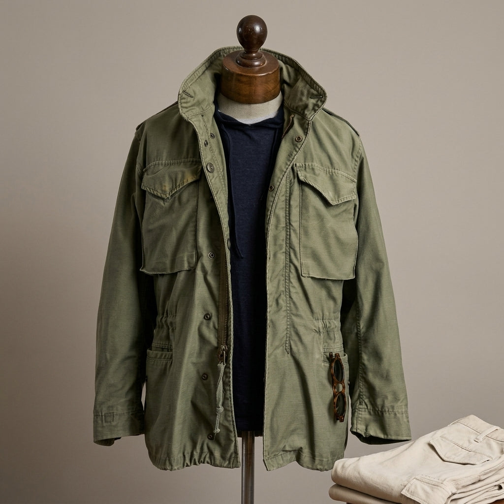 The men's field jacket photographed from a second angle