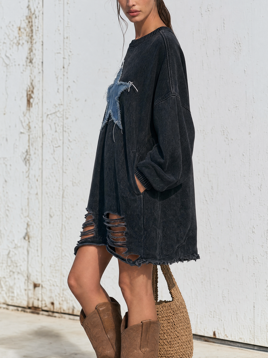 Full length view of the washed black sweatshirt dress