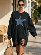 Ribbed crew neckline close-up on the washed sweatshirt dress