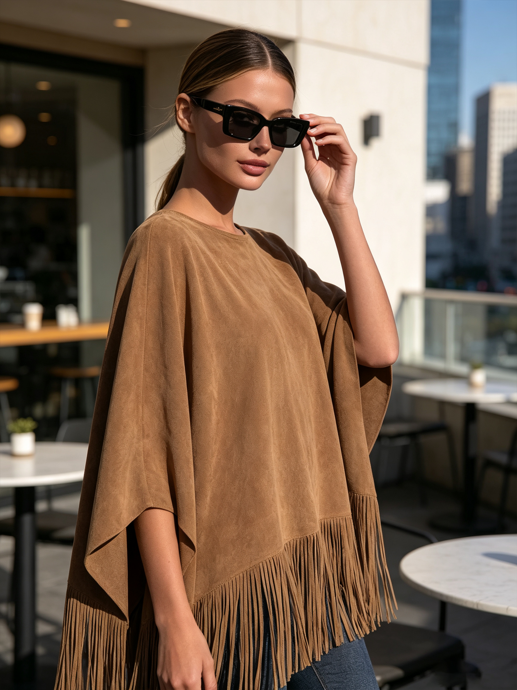 Round neckline and shoulder drape of the suede poncho
