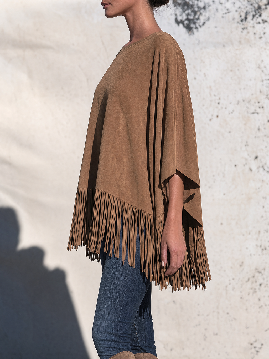 Back view of the oversized faux suede poncho top