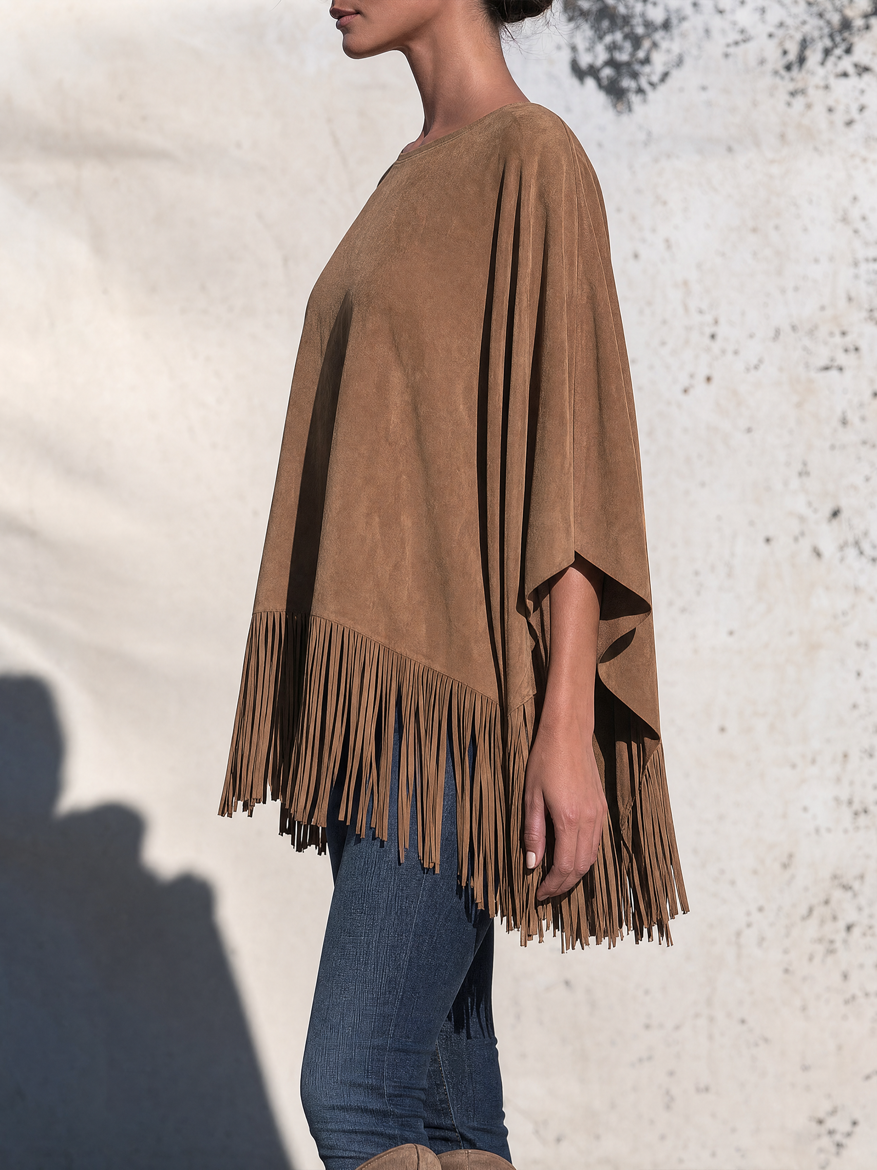 Back view of the oversized faux suede poncho top