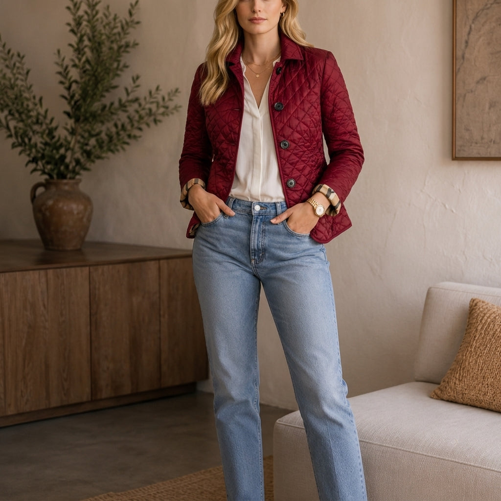 Women's quilted coat in Dark Red, shown against a plain studio background