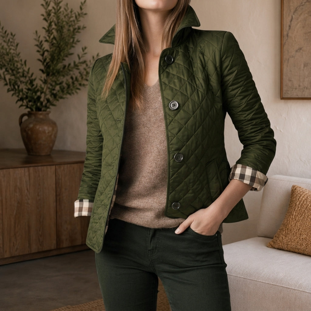 Women's quilted coat in Green, shown against a plain studio background