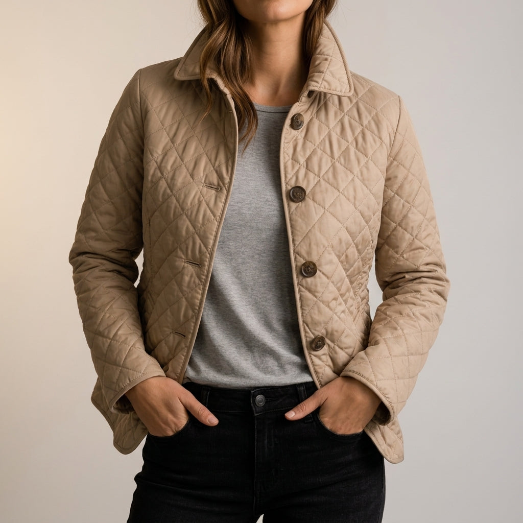 Women's quilted coat in Beige, shown against a plain studio background