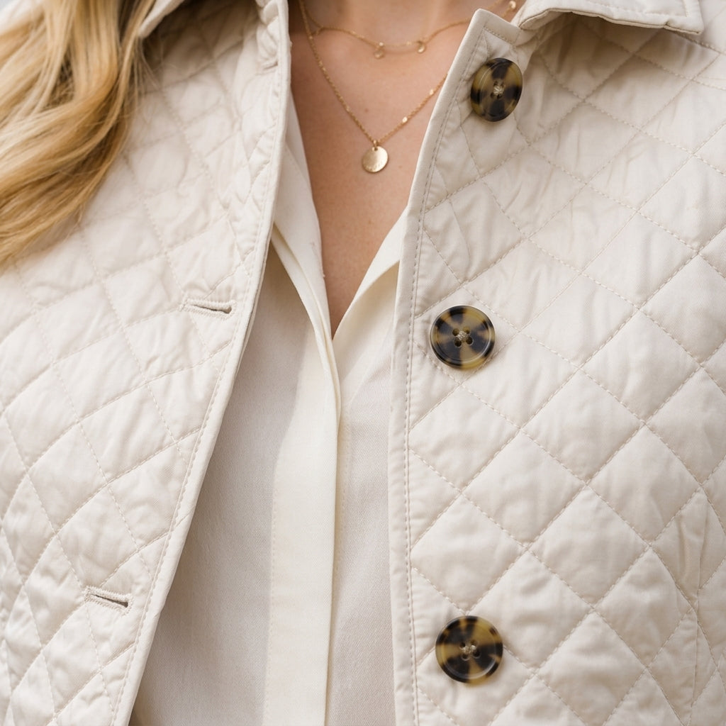 Women's quilted coat, photographed flat against a plain backdrop