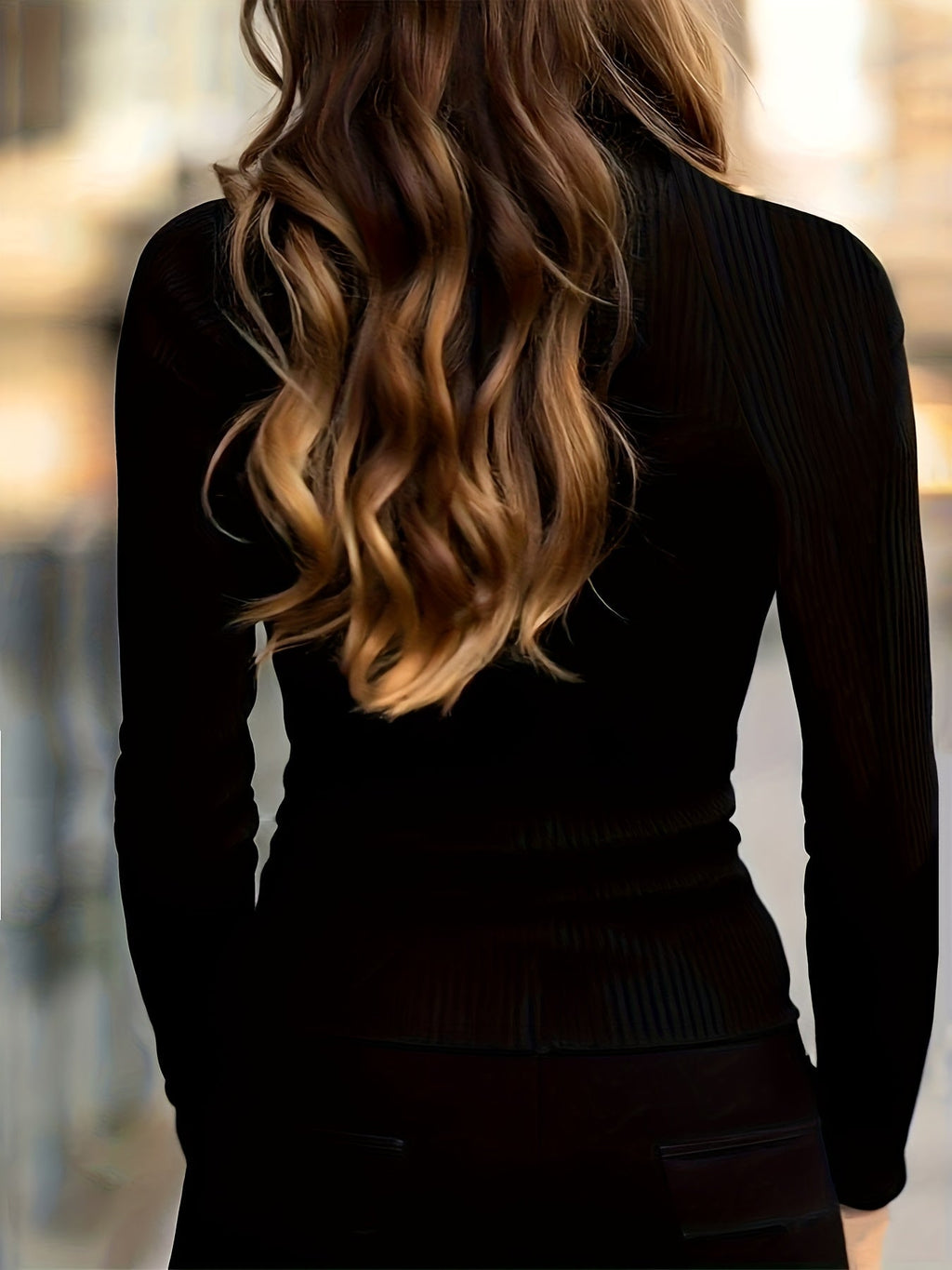 Black ribbed zip-neck turtleneck top for women, studio photo 2 of 7
