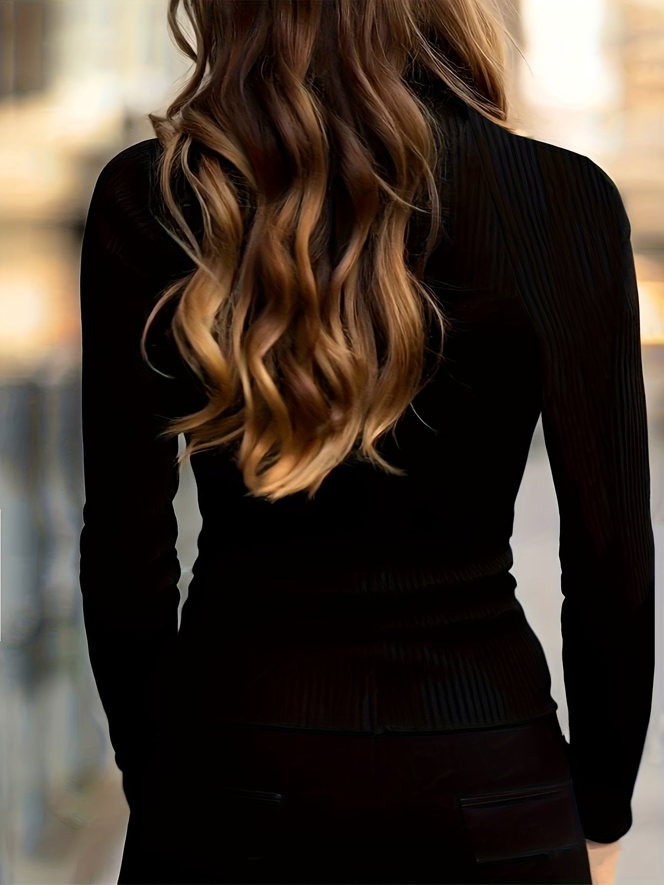 Black ribbed zip-neck turtleneck top for women, studio photo 2 of 7