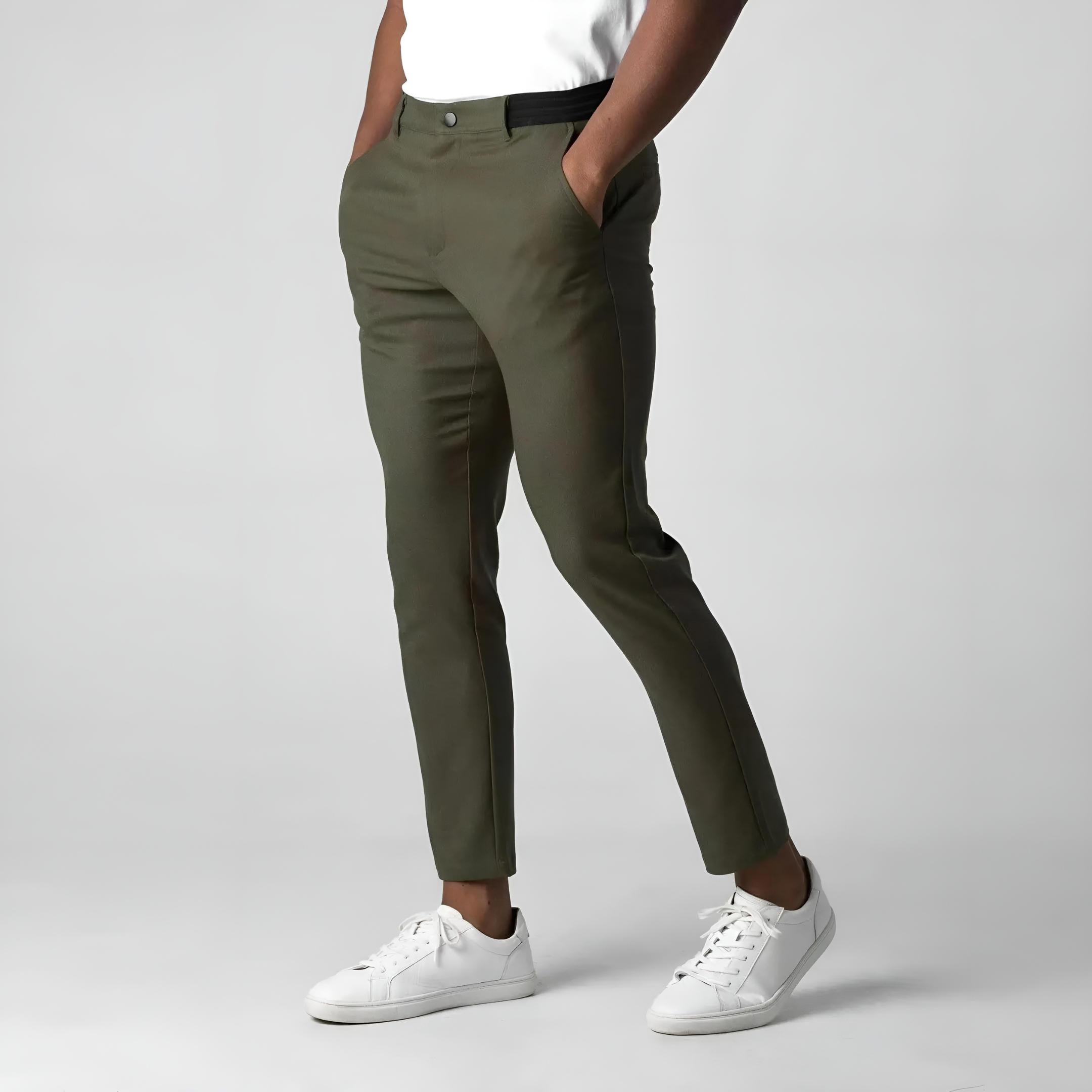Men's stretch chinos in sage green, front view