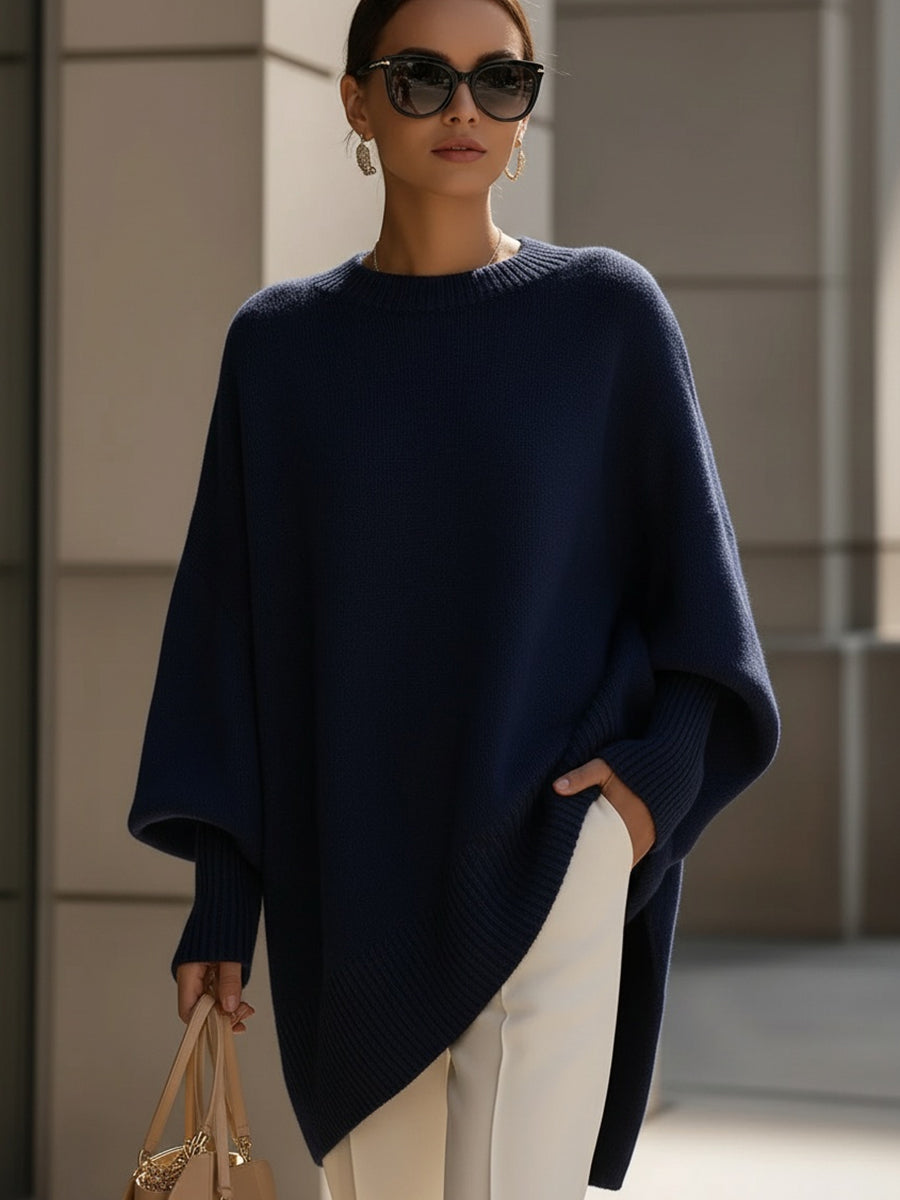 Oversized knit sweater for women in navy blue, front view