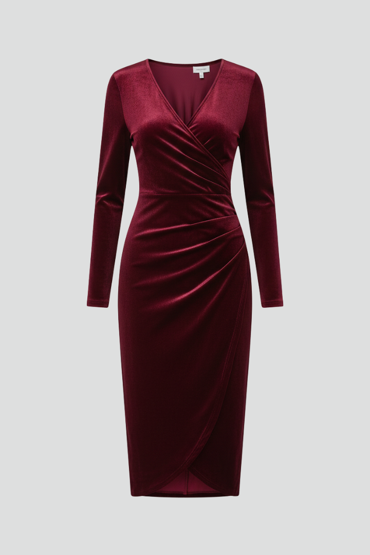 Wrap Midi Dress for Women — full length front view showing the V neck and asymmetrical hem
