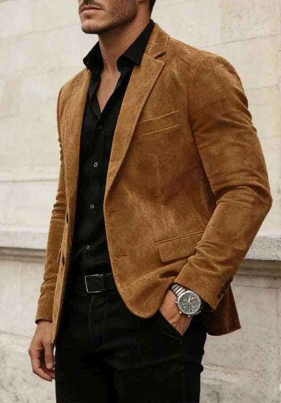 Men's suede blazer, detail of the two-button front and flap pockets