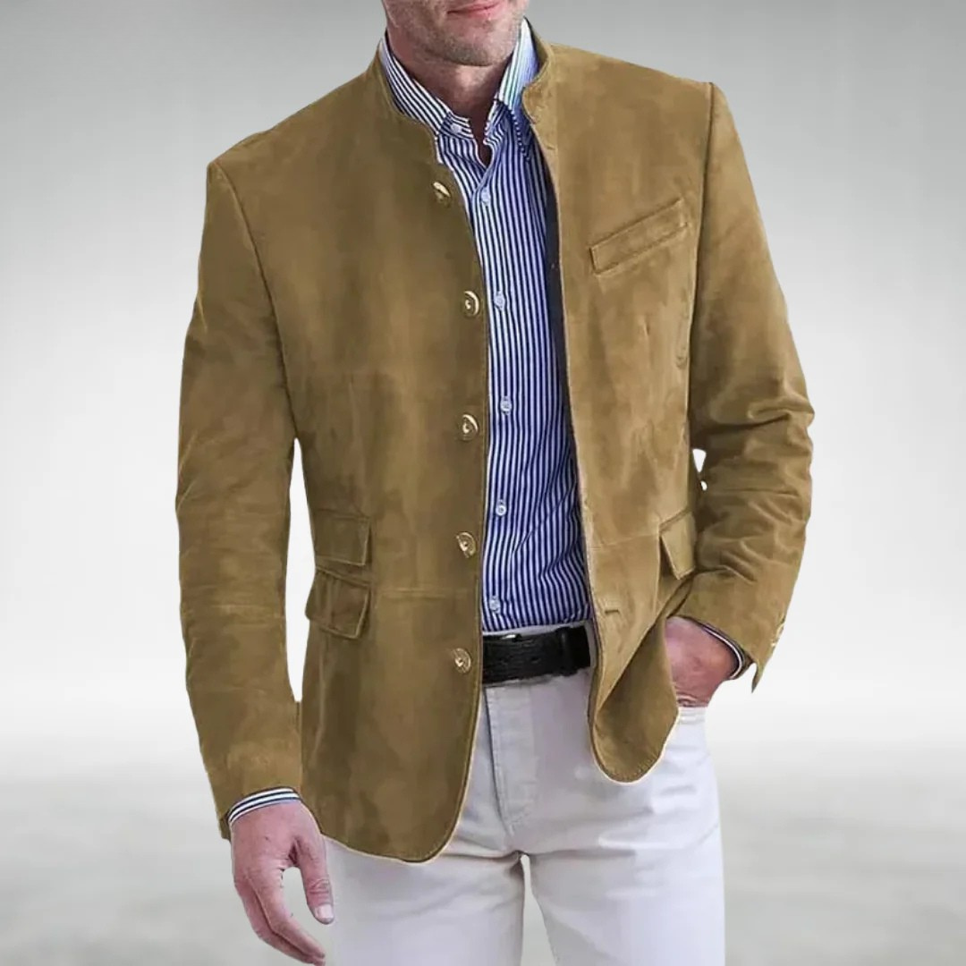 Lightweight jacket for men in khaki, front view showing the mandarin collar