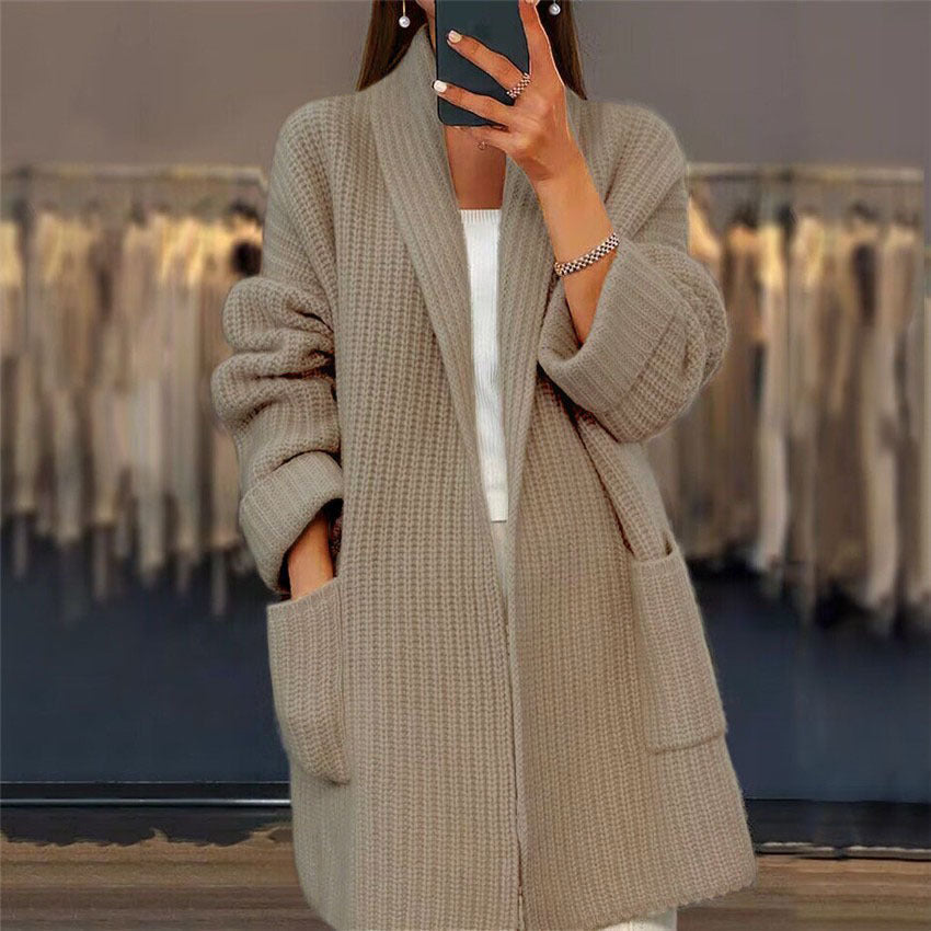 Camel beige collared cardigan sweater, front view